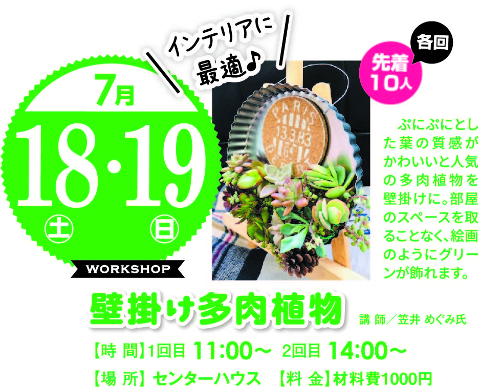 7月18日(土)19日(日) 壁掛け多肉植物ワークショップ